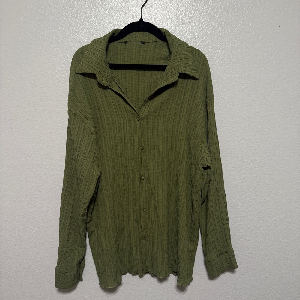 Casual Olive Green Shirt + Matching Ribbed Pant